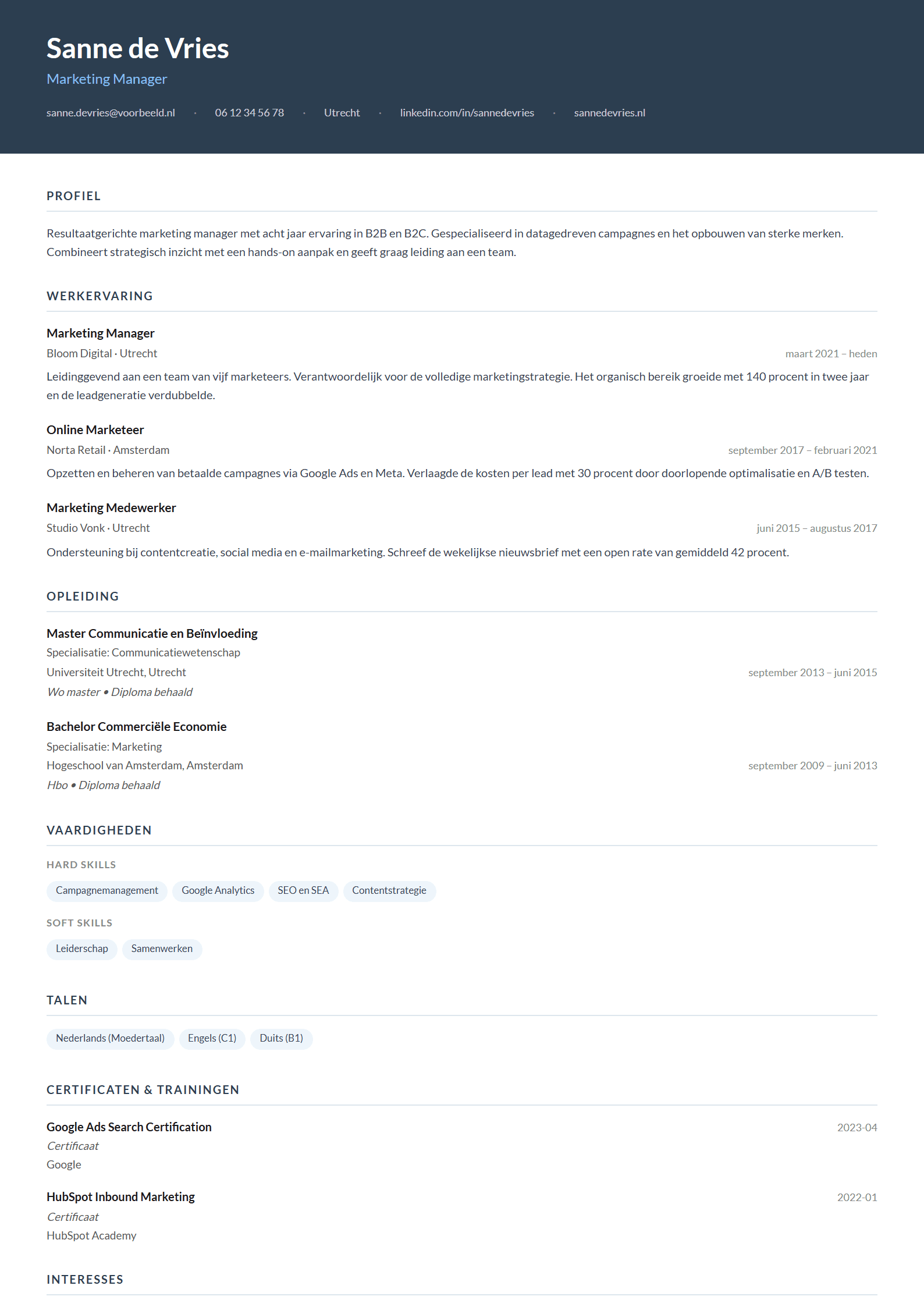 Voorbeeld van het Classic CV template met een tijdloze opmaak