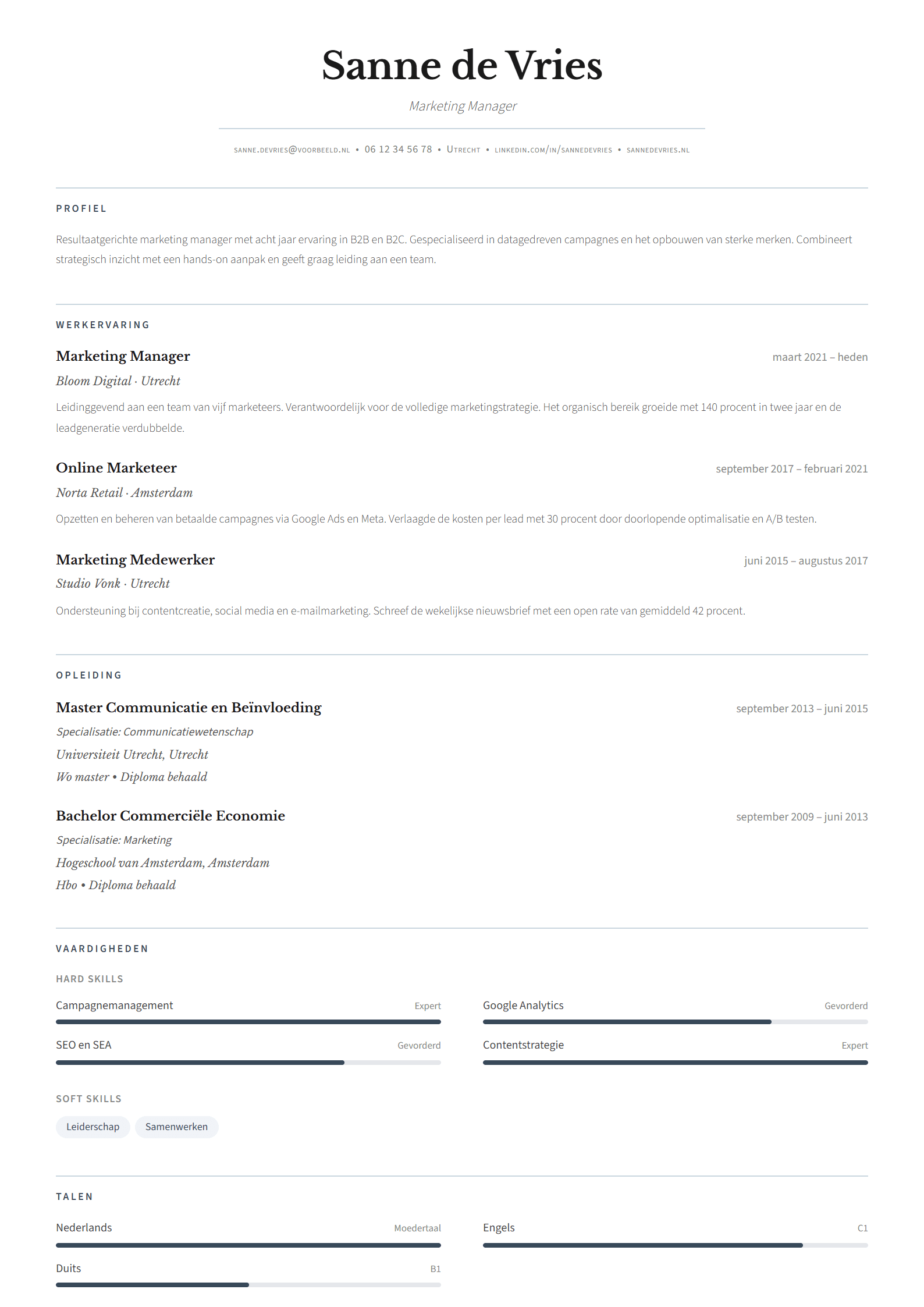 Voorbeeld van het Executive CV template met een representatieve opmaak
