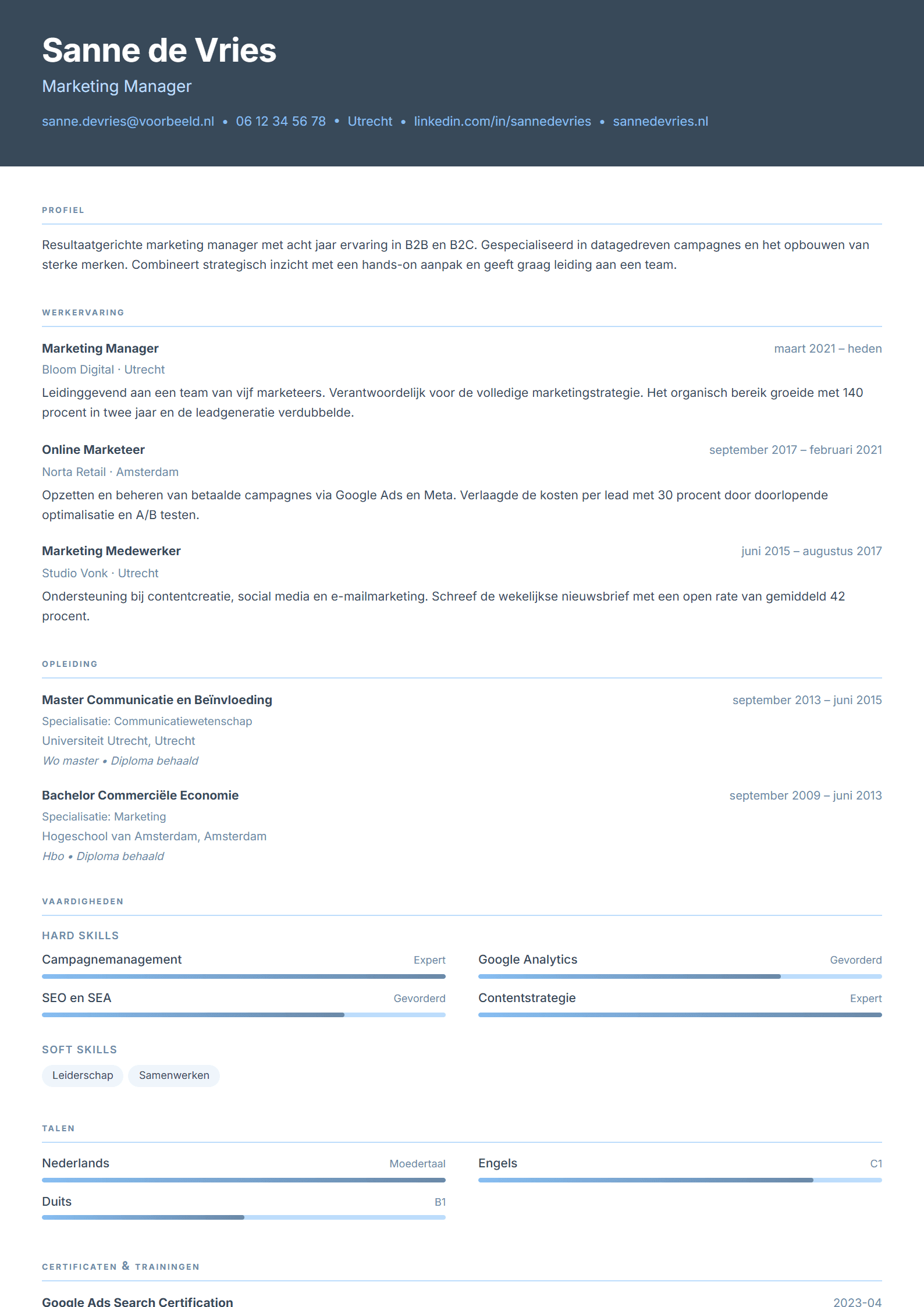 Voorbeeld van het Modern NL CV template met een strakke, moderne opmaak
