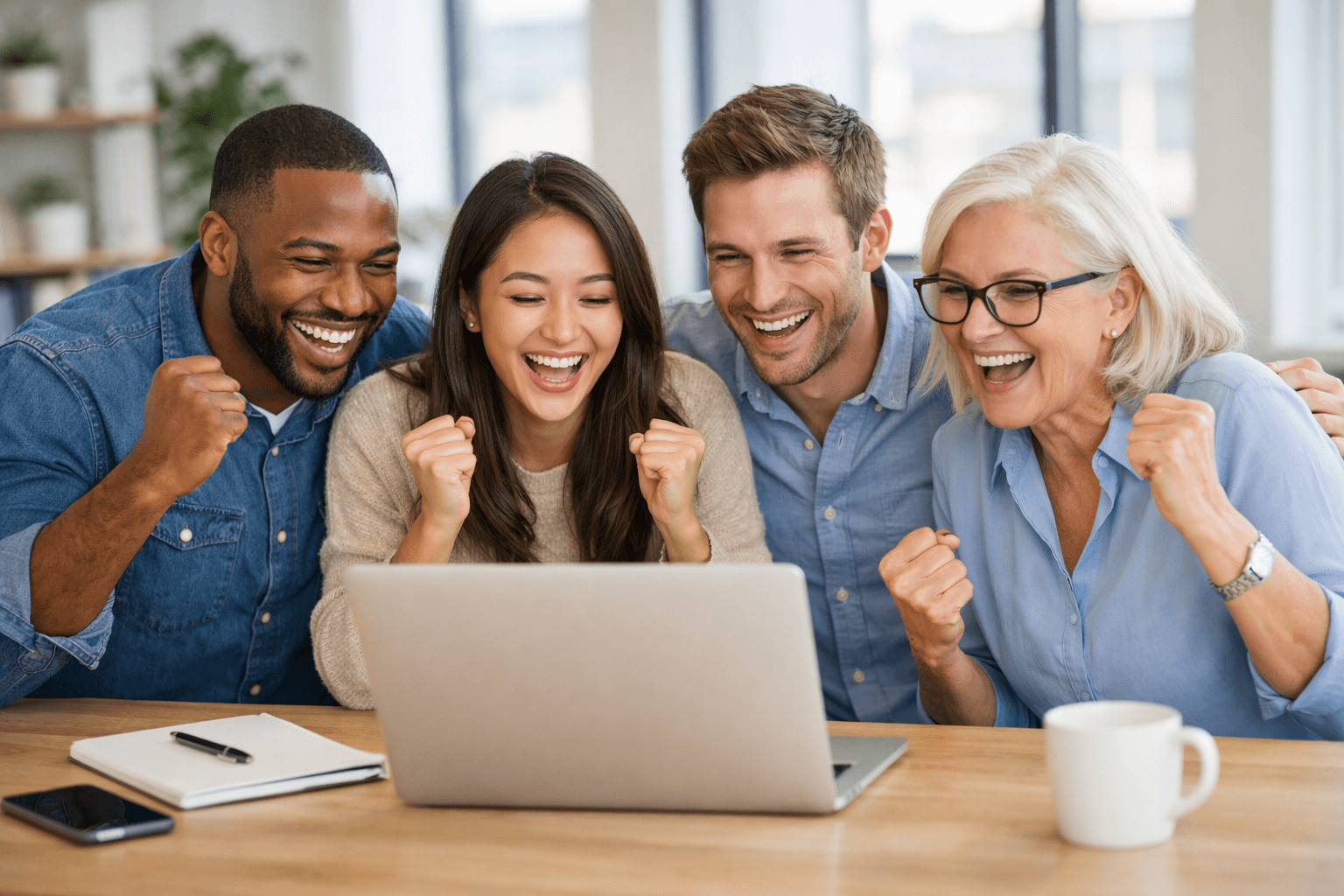 Vier diverse professionals vieren samen een succesvolle sollicitatie terwijl ze naar een laptop kijken